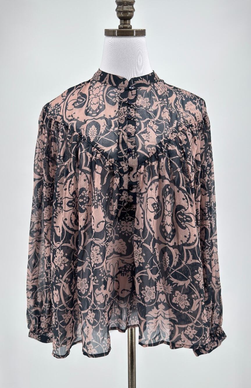 Anthropologie Let Me Be Multi Floral Tapestry Sheer Henley Blouse Sz L NEW